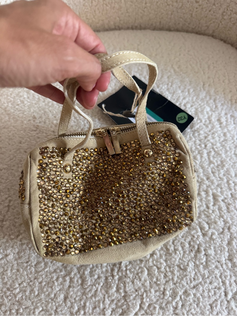 Women's Mini Handbag with Gold Crystal Accents - Beige